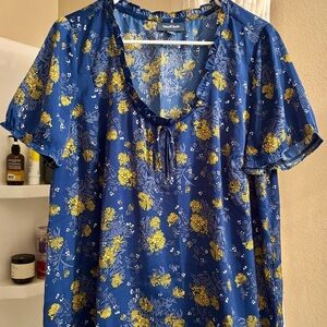 Modcloth Blue Tie Front Blouse with Yellow Floral